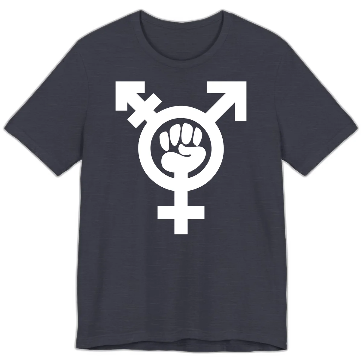 Feminist power fist design: white raised fist merged with female symbol inside circular badge on gray background in Heather Midnight Navy