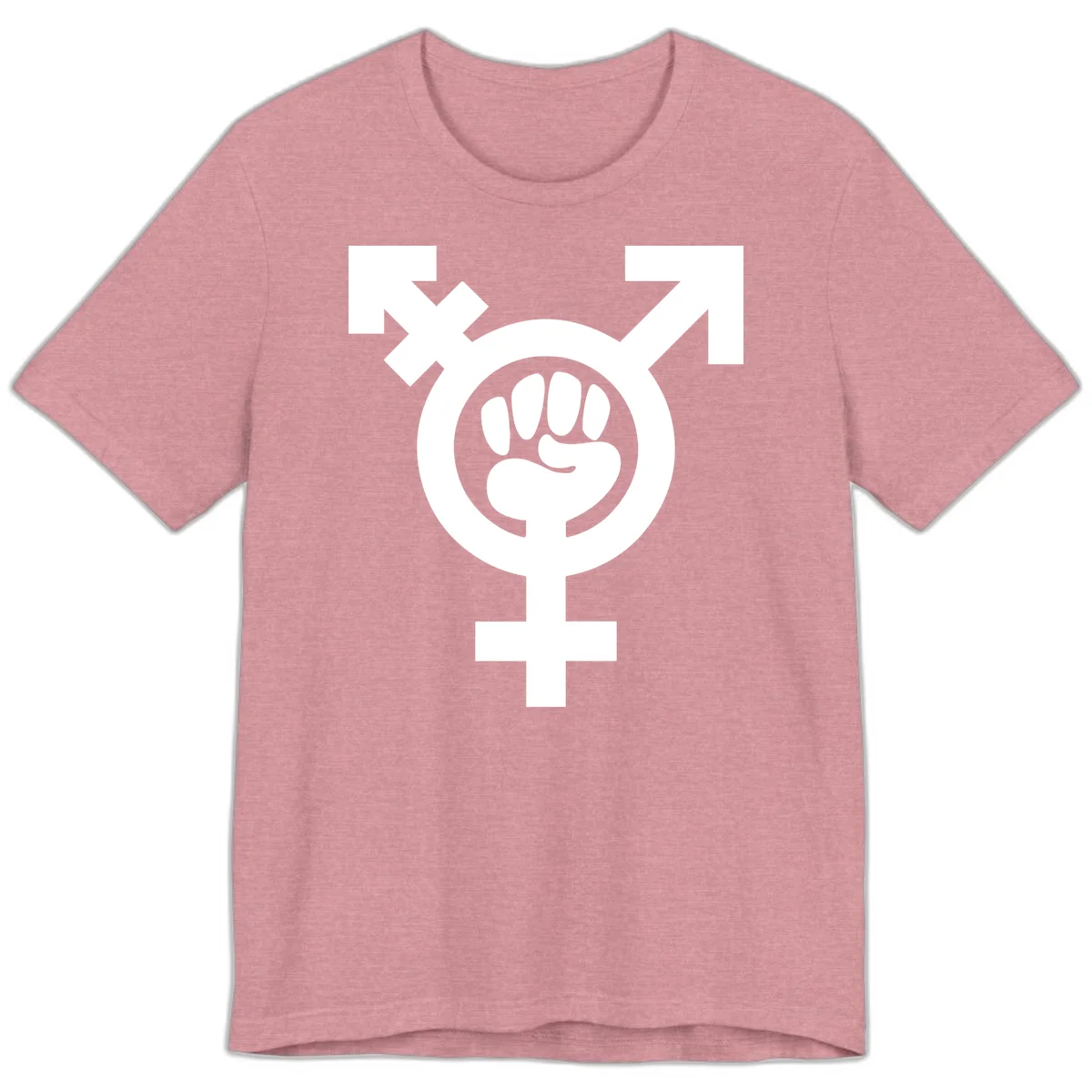 Feminist power fist design: white raised fist merged with female symbol inside circular badge on gray background in Heather Orchid