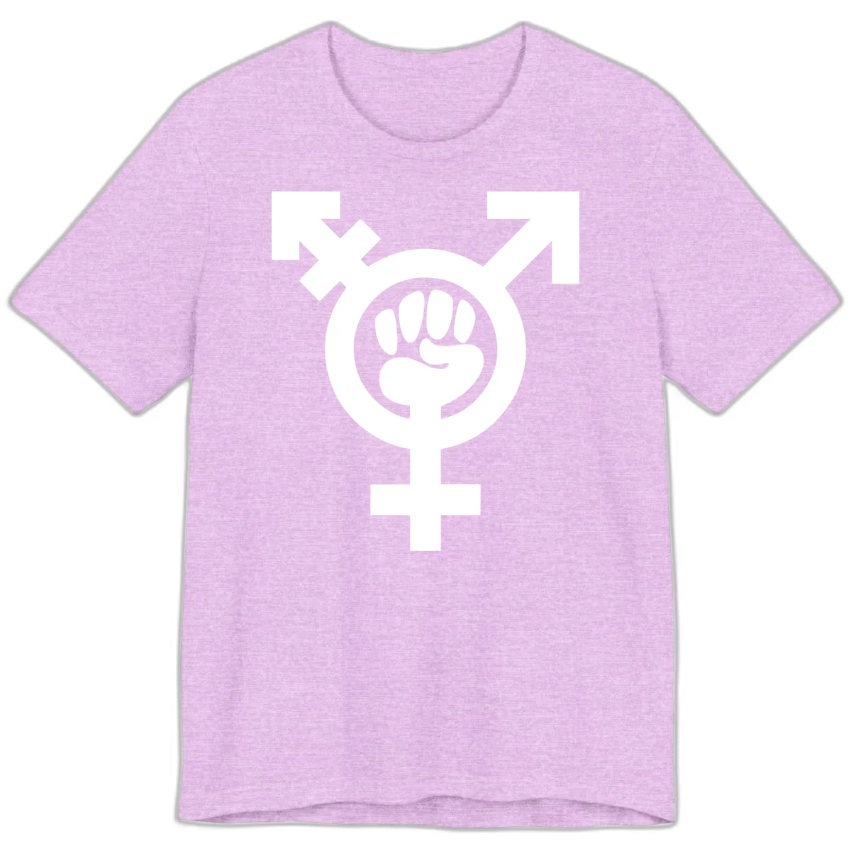 Feminist power fist design: white raised fist merged with female symbol inside circular badge on gray background in Heather Prism Lilac