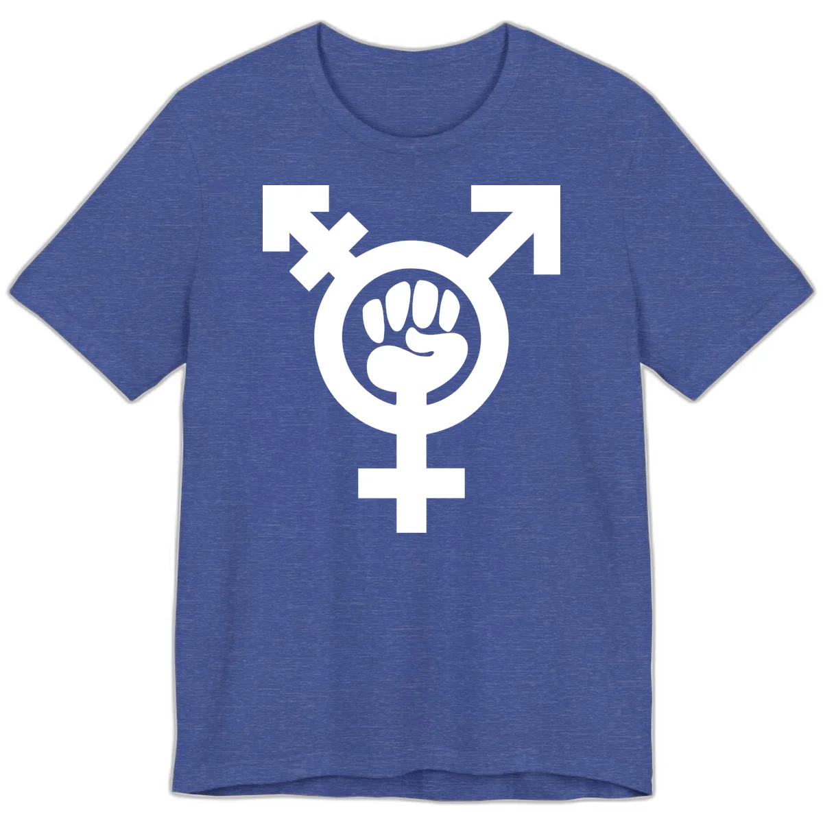 Feminist power fist design: white raised fist merged with female symbol inside circular badge on gray background in Heather True Royal