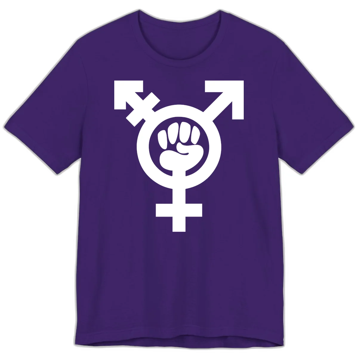 Feminist power fist design: white raised fist merged with female symbol inside circular badge on gray background in Team Purple