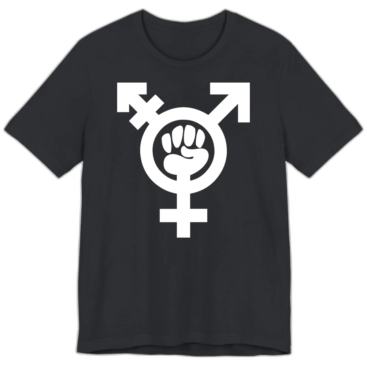 Feminist power fist design: white raised fist merged with female symbol inside circular badge on gray background in Vintage Black