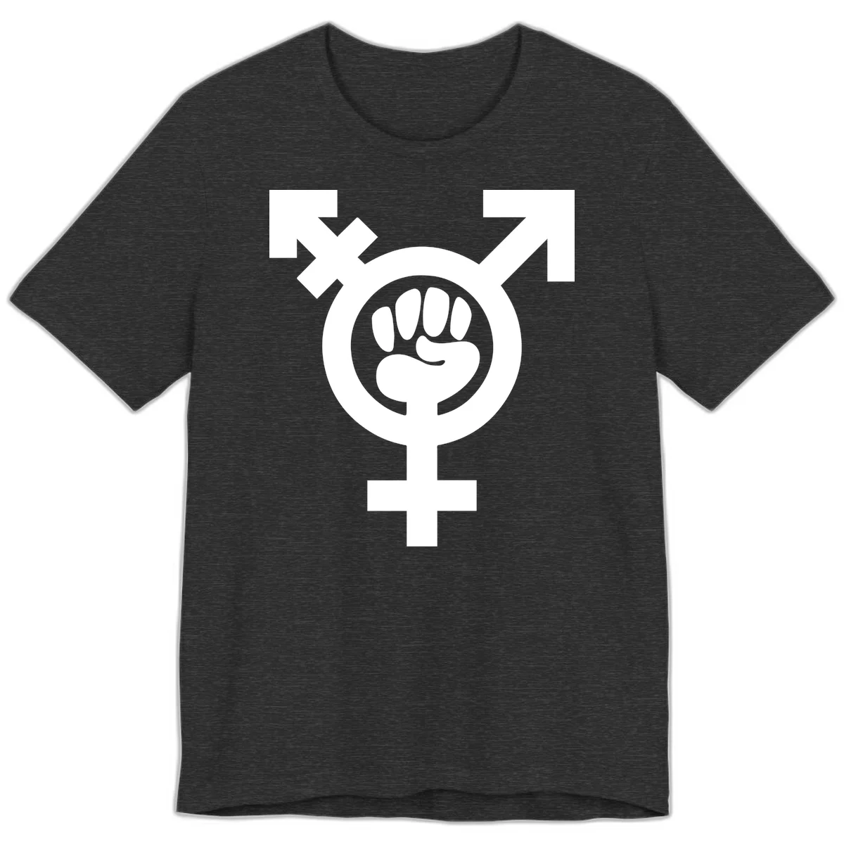 Feminist power fist design: white raised fist merged with female symbol inside circular badge on gray background in Dark Grey Heather