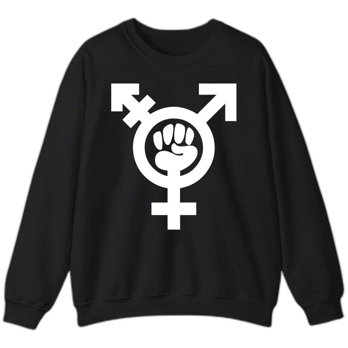 Feminist power fist design: white raised fist merged with female symbol inside circular badge on gray background in Black