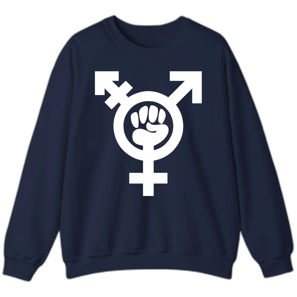 Feminist power fist design: white raised fist merged with female symbol inside circular badge on gray background in Navy