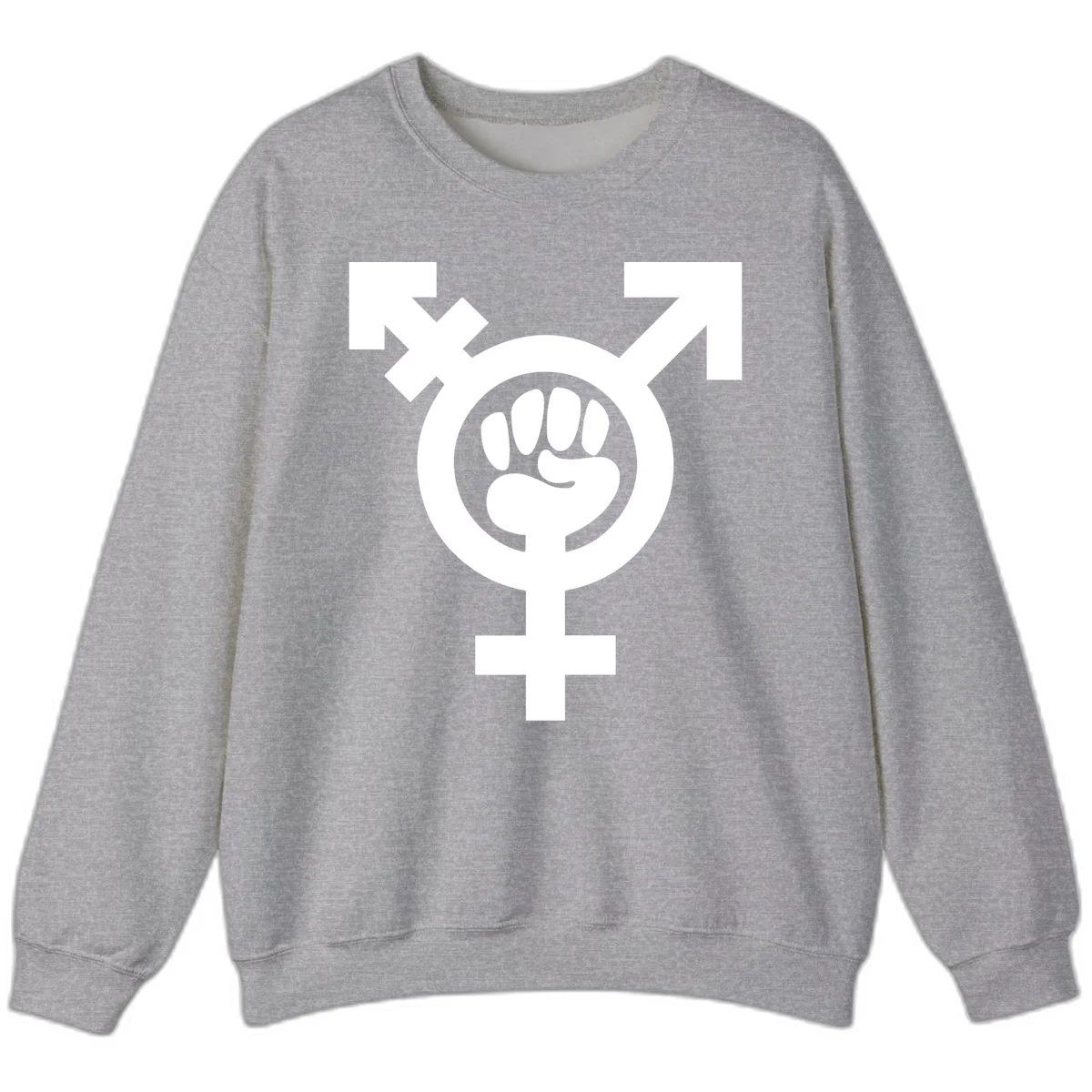 Feminist power fist design: white raised fist merged with female symbol inside circular badge on gray background in Sport Grey