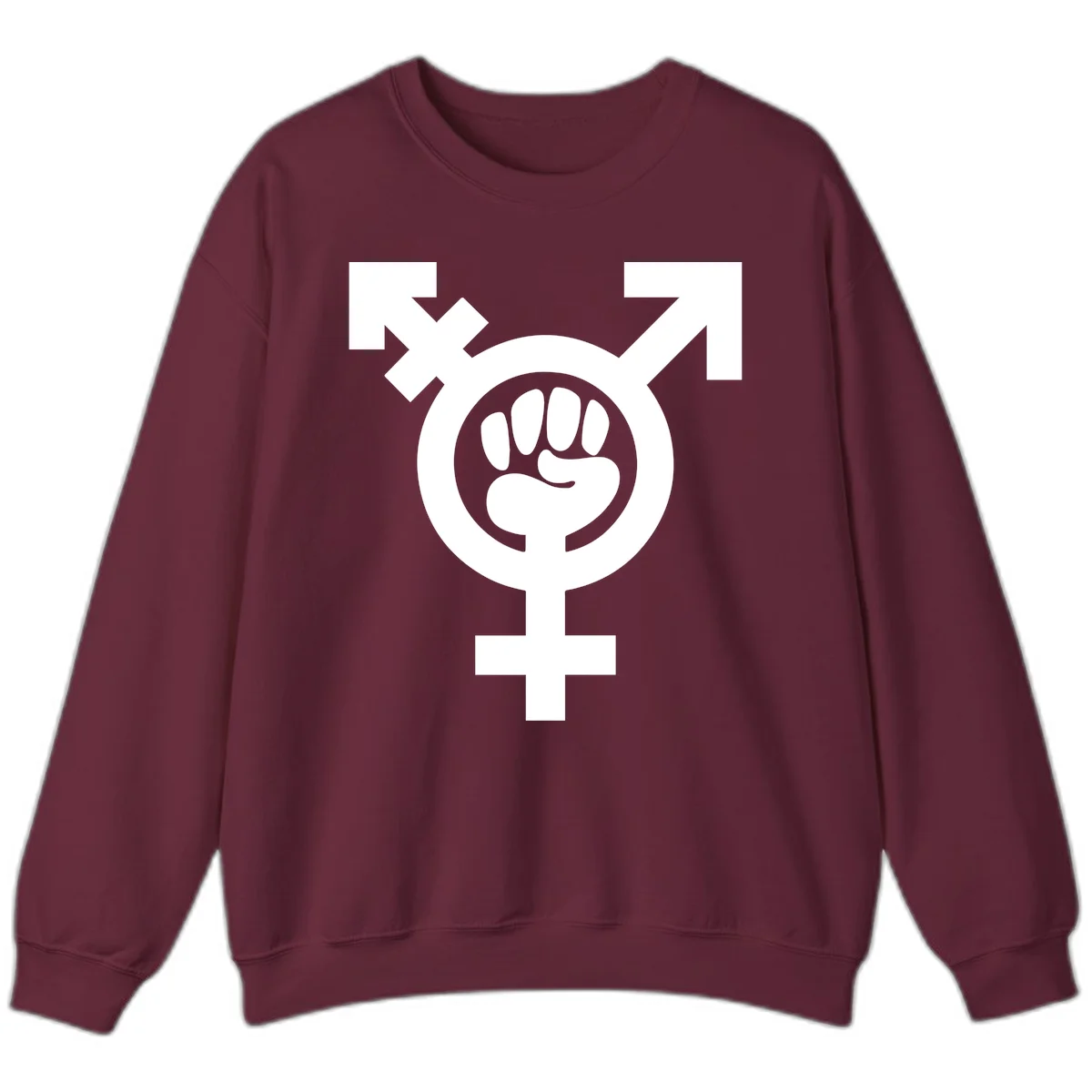 Feminist power fist design: white raised fist merged with female symbol inside circular badge on gray background in Maroon