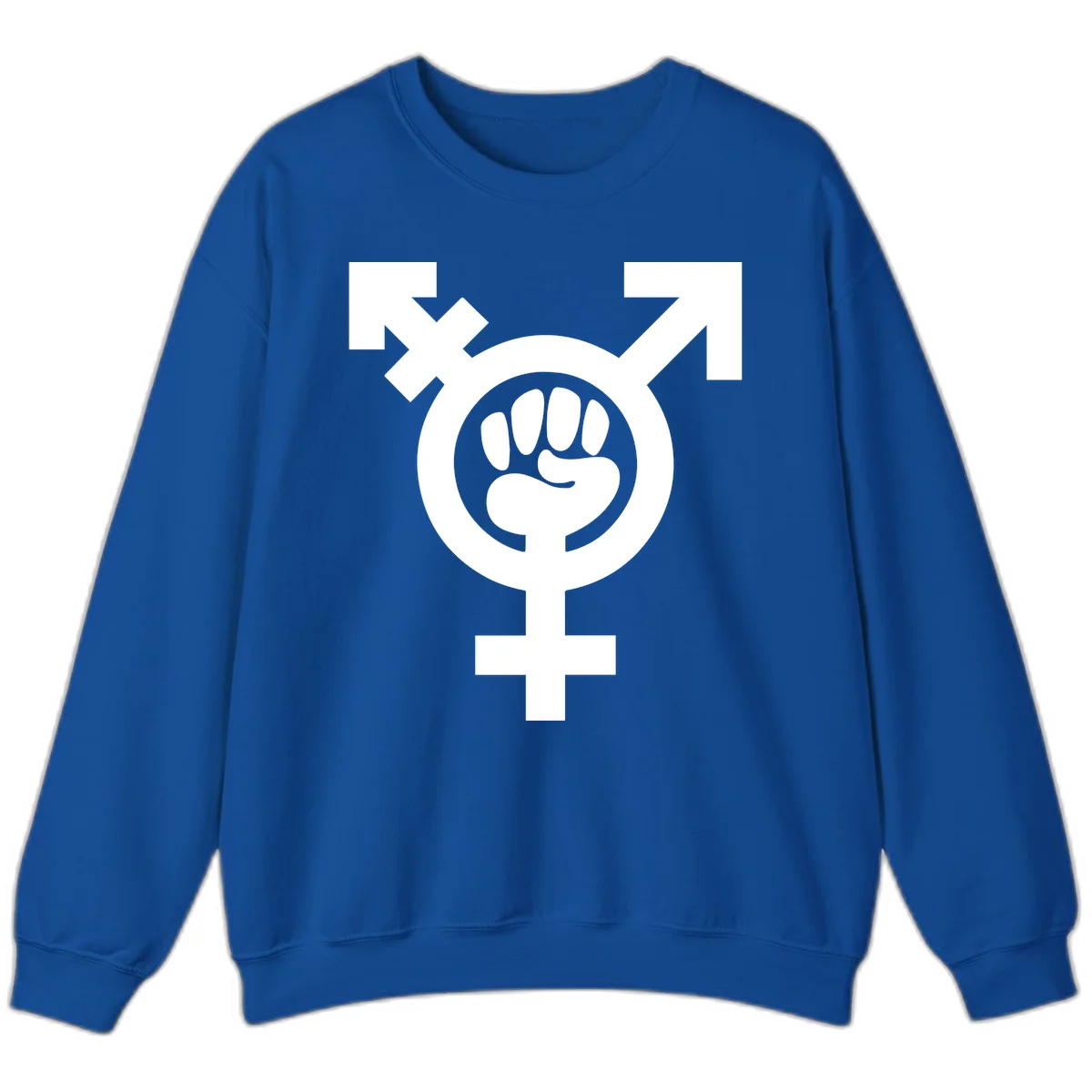 Feminist power fist design: white raised fist merged with female symbol inside circular badge on gray background in Royal