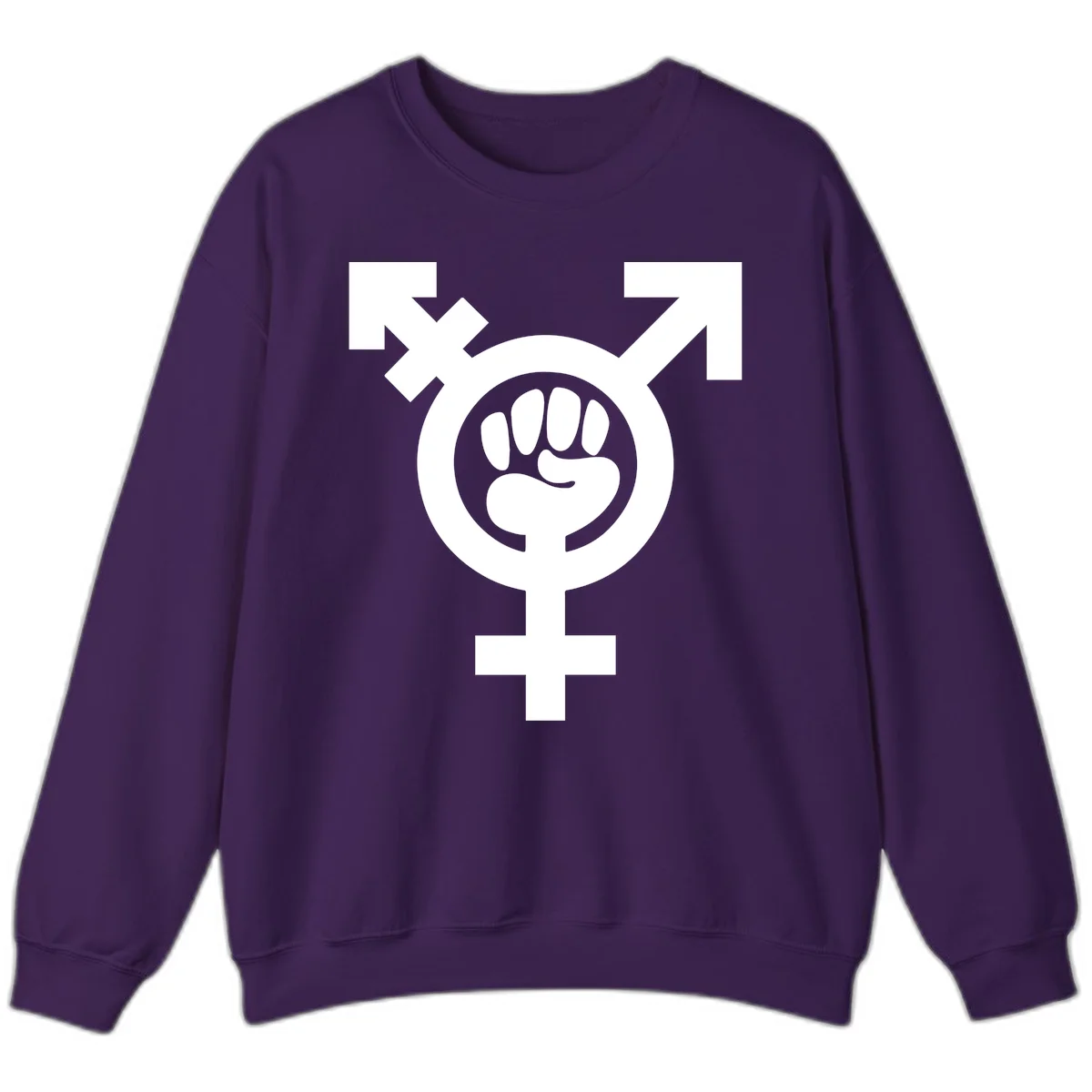 Feminist power fist design: white raised fist merged with female symbol inside circular badge on gray background in Purple