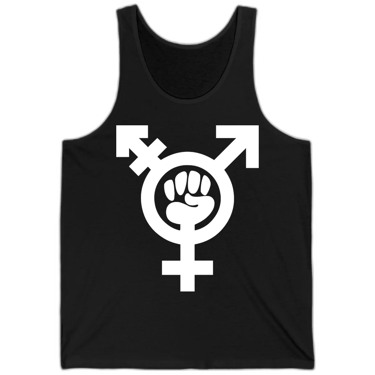 Feminist power fist design: white raised fist merged with female symbol inside circular badge on gray background in Black