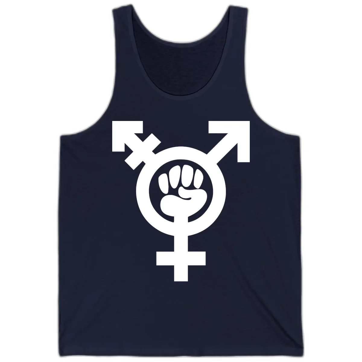 Feminist power fist design: white raised fist merged with female symbol inside circular badge on gray background in Navy