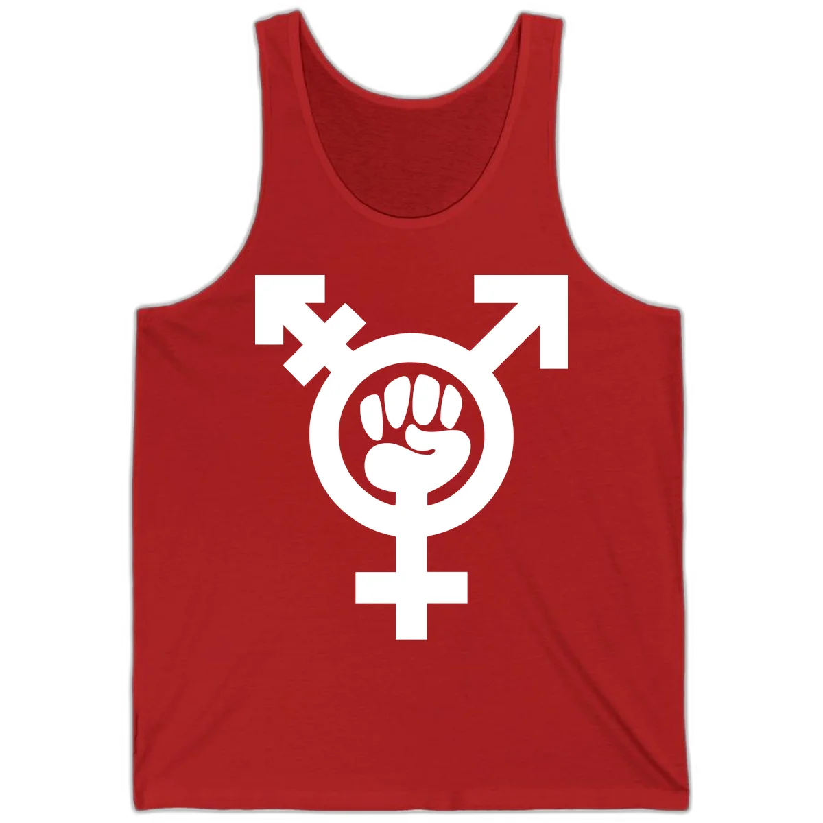 Feminist power fist design: white raised fist merged with female symbol inside circular badge on gray background in Red