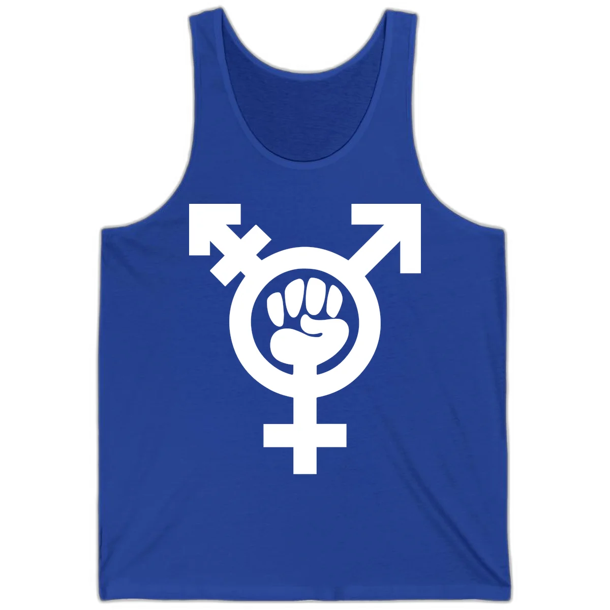 Feminist power fist design: white raised fist merged with female symbol inside circular badge on gray background in True Royal