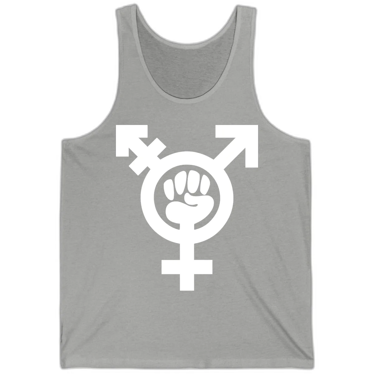 Feminist power fist design: white raised fist merged with female symbol inside circular badge on gray background in Athletic Heather
