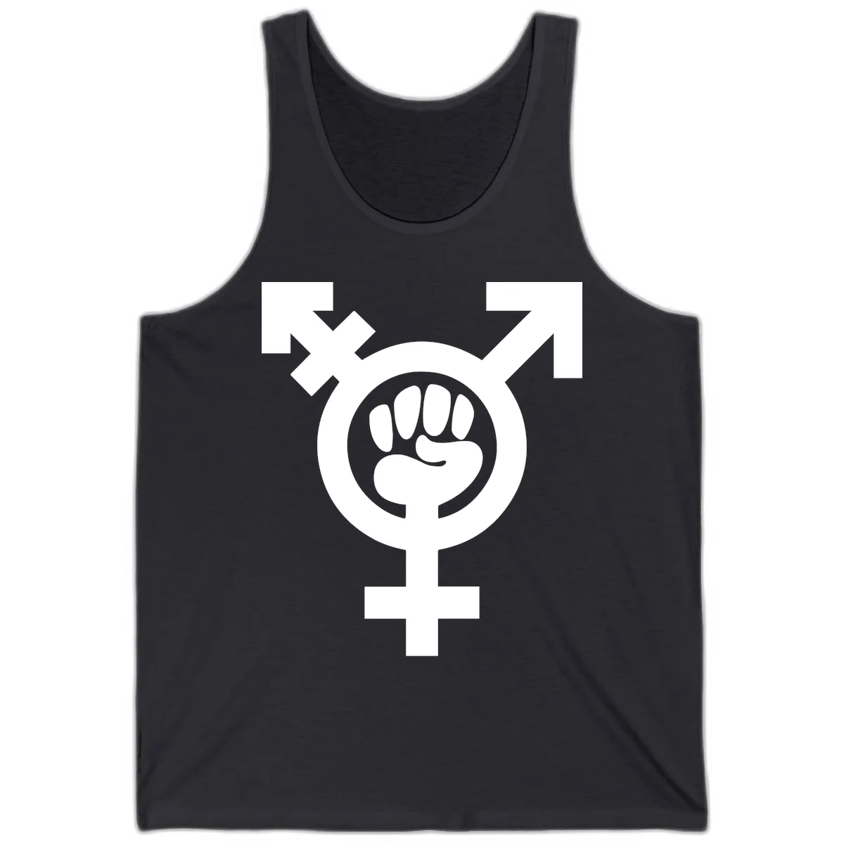 Feminist power fist design: white raised fist merged with female symbol inside circular badge on gray background in Dark Grey