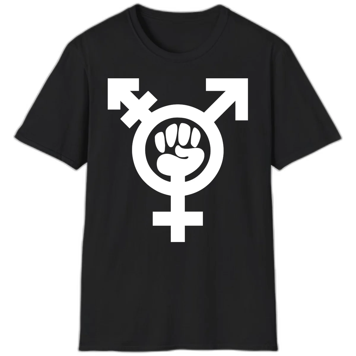Feminist power fist design: white raised fist merged with female symbol inside circular badge on gray background in Black