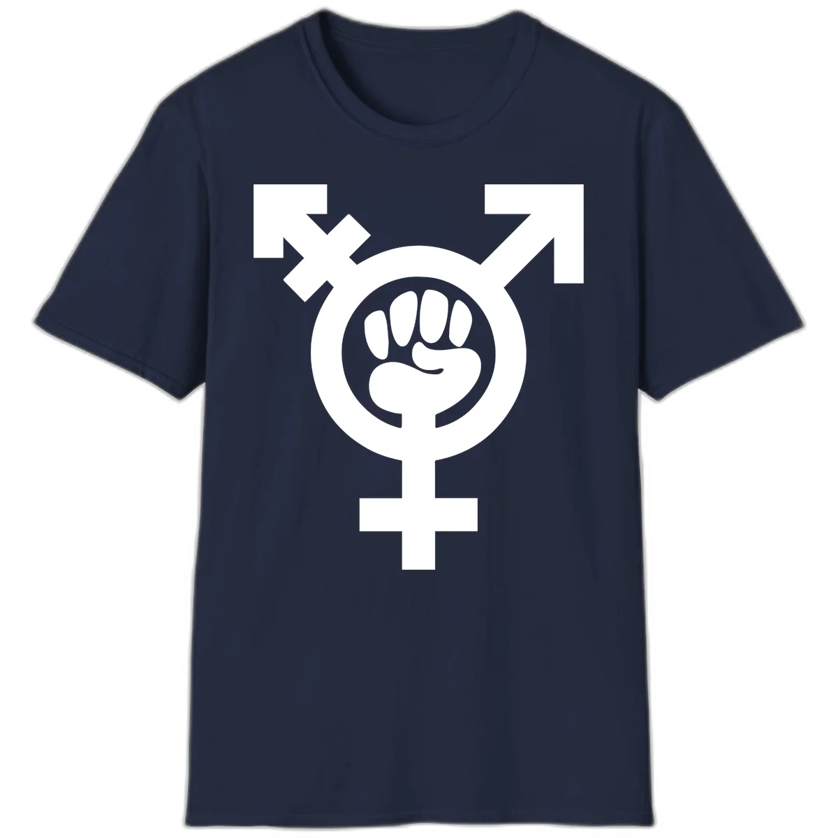 Feminist power fist design: white raised fist merged with female symbol inside circular badge on gray background in Navy