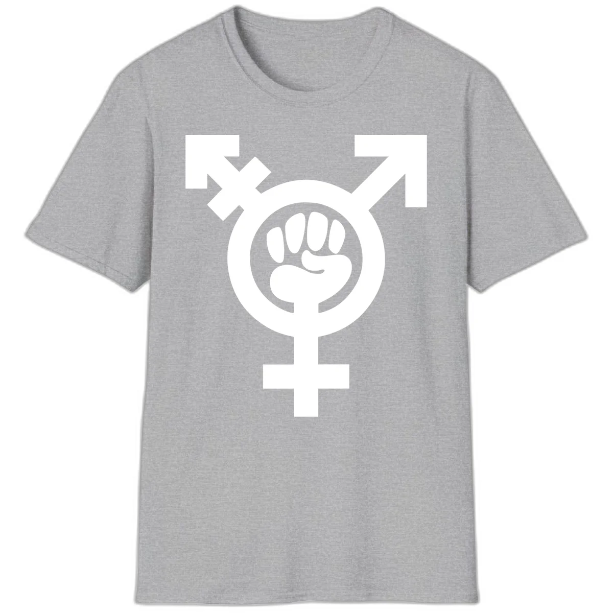 Feminist power fist design: white raised fist merged with female symbol inside circular badge on gray background in Sport Grey