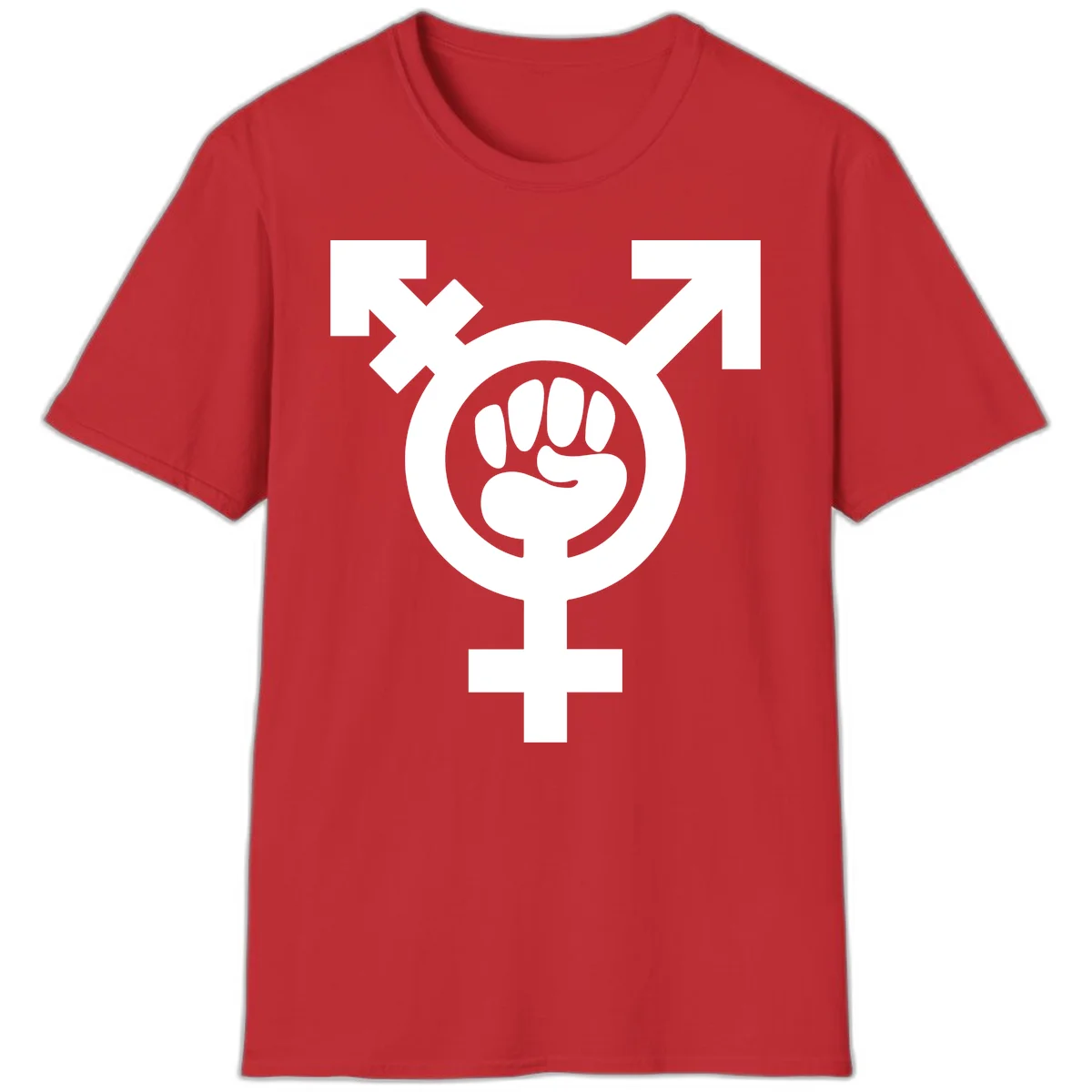 Feminist power fist design: white raised fist merged with female symbol inside circular badge on gray background in Red