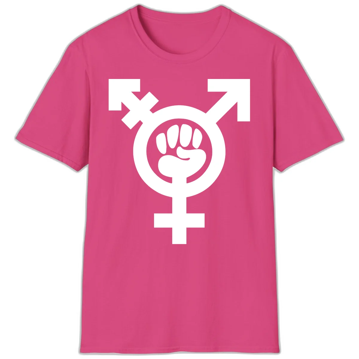Feminist power fist design: white raised fist merged with female symbol inside circular badge on gray background in Heliconia