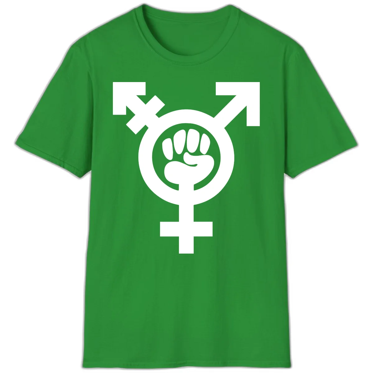 Feminist power fist design: white raised fist merged with female symbol inside circular badge on gray background in Irish Green