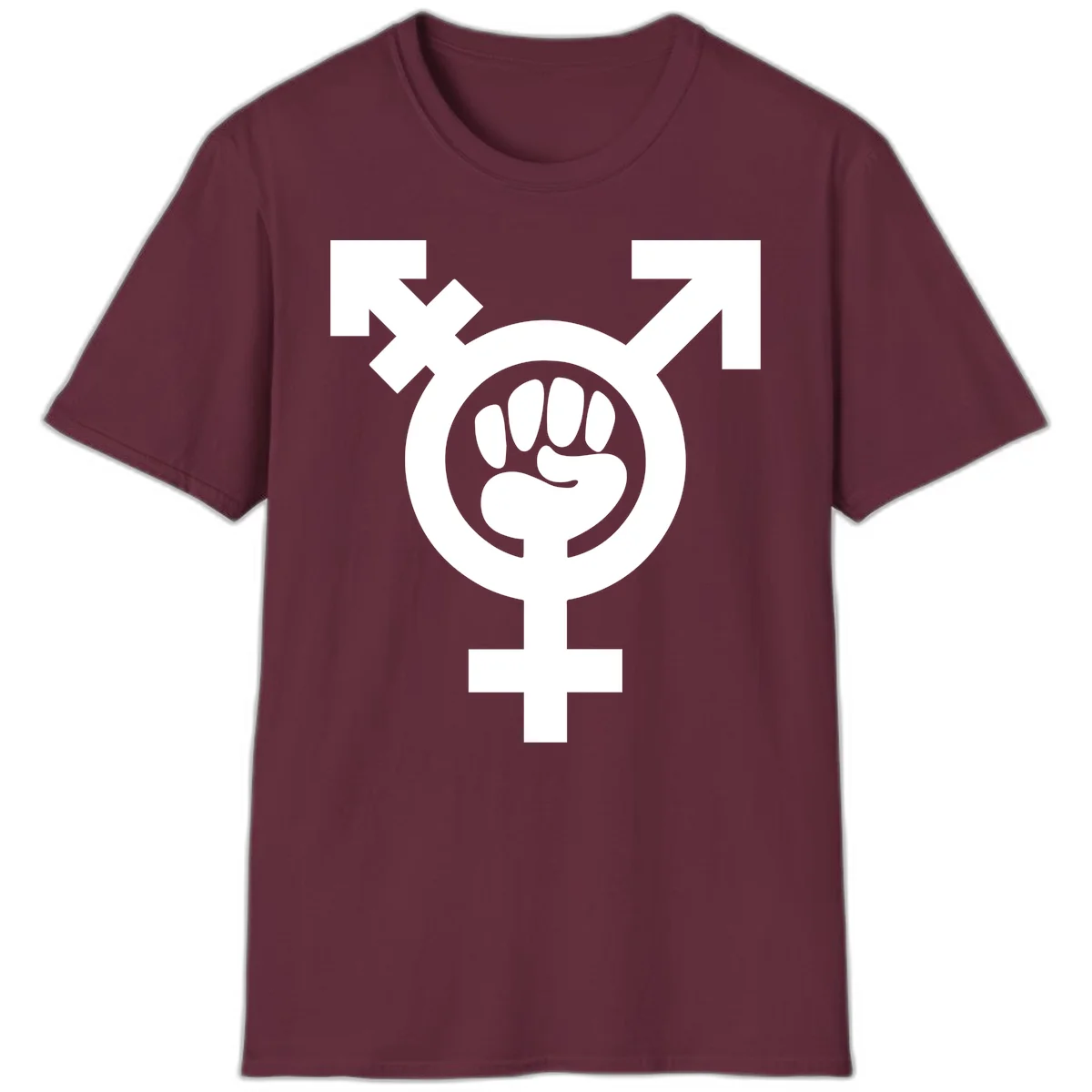 Feminist power fist design: white raised fist merged with female symbol inside circular badge on gray background in Maroon