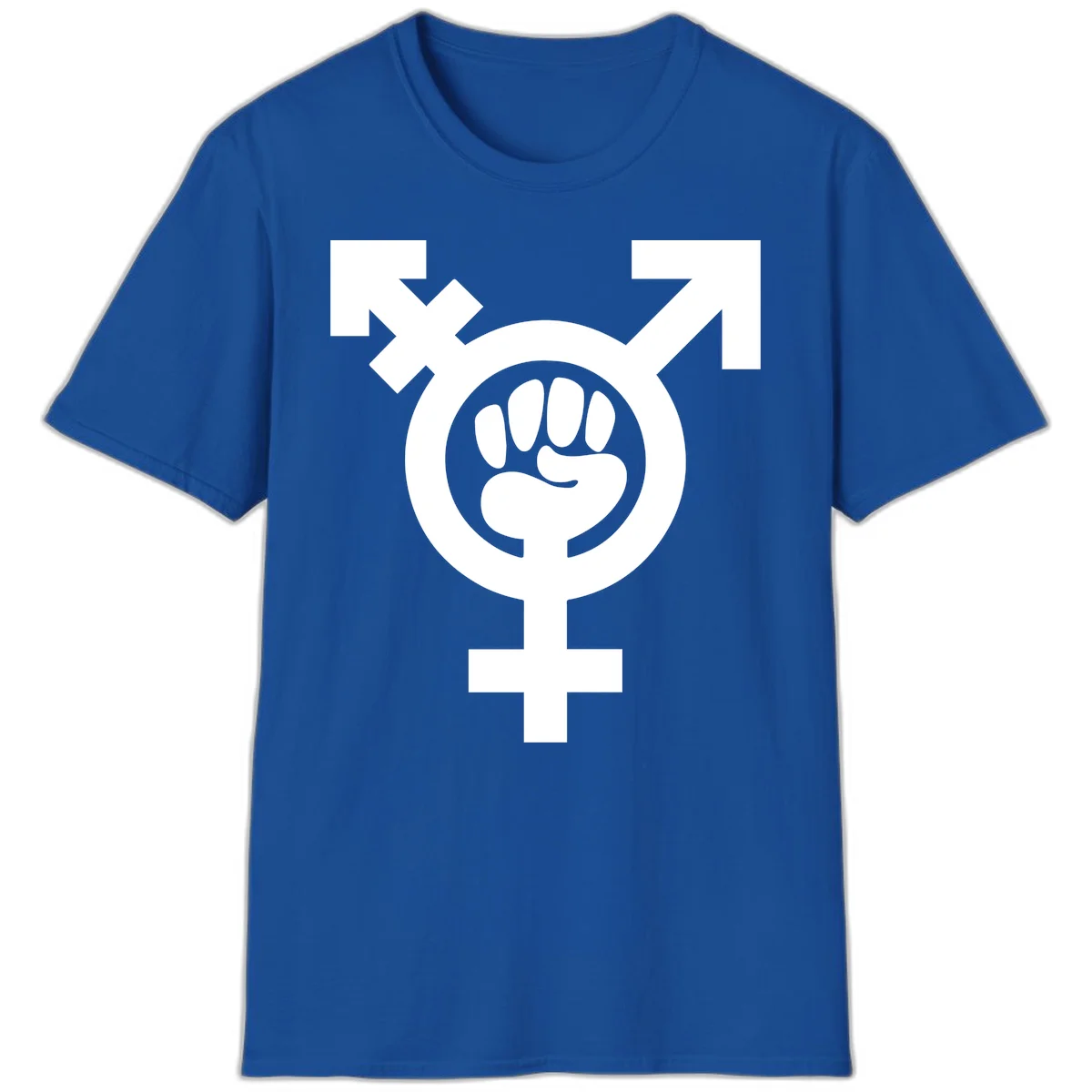 Feminist power fist design: white raised fist merged with female symbol inside circular badge on gray background in Royal