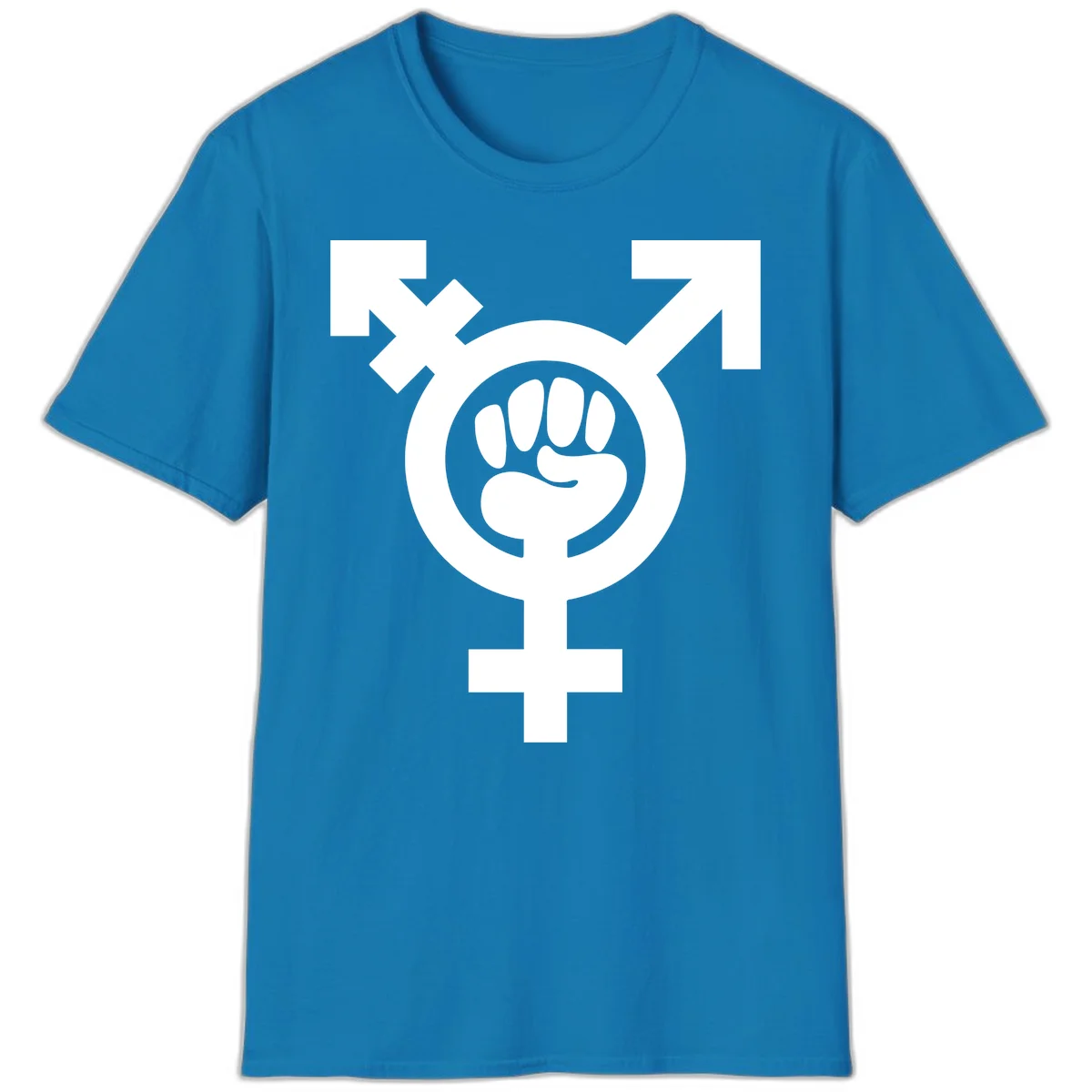 Feminist power fist design: white raised fist merged with female symbol inside circular badge on gray background in Sapphire