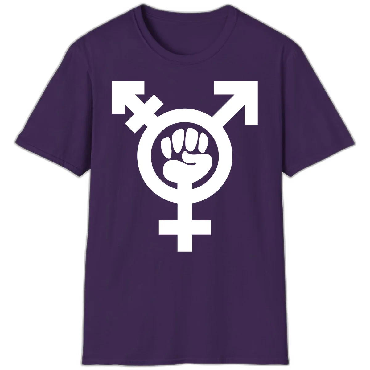 Feminist power fist design: white raised fist merged with female symbol inside circular badge on gray background in Purple