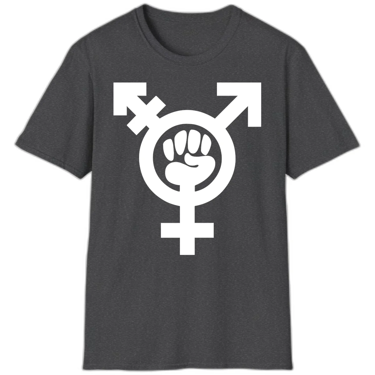 Feminist power fist design: white raised fist merged with female symbol inside circular badge on gray background in Dark Heather