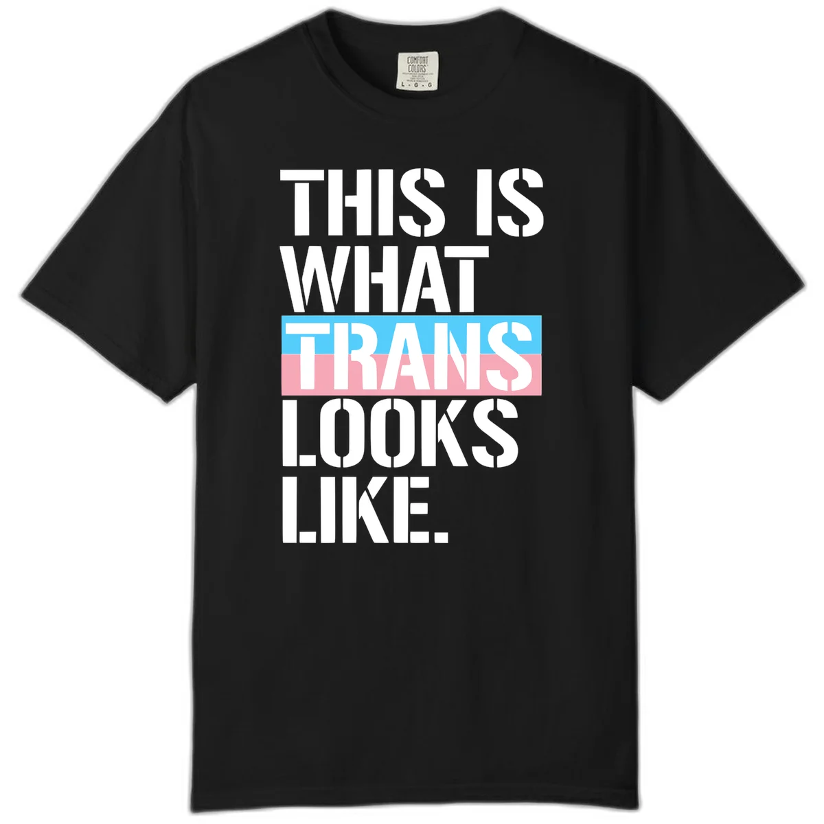 Bold typography design reading 'THIS IS WHAT TRANS LOOKS LIKE' with trans pride flag colors in blue and pink stripe in Black