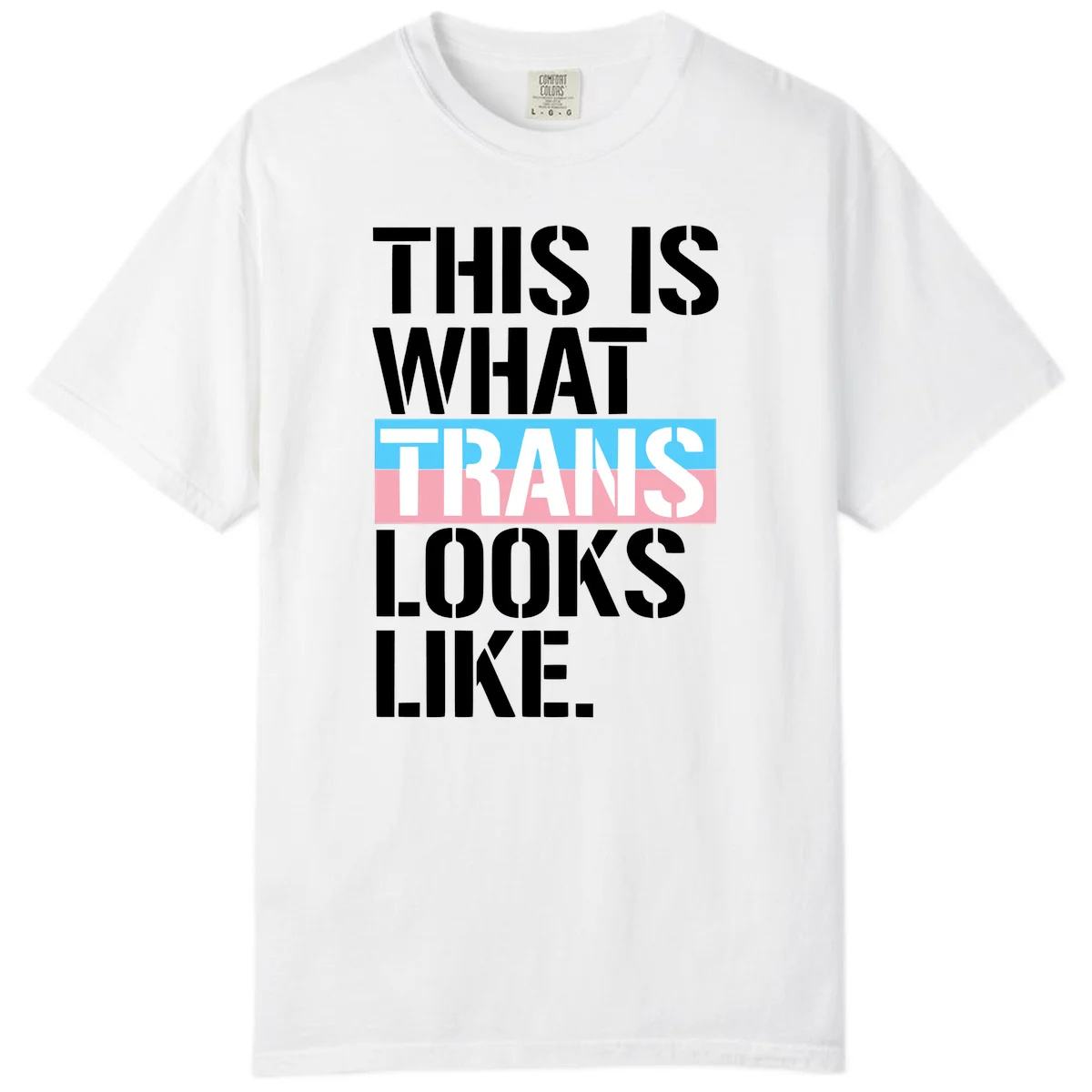 Bold typography design reading 'THIS IS WHAT TRANS LOOKS LIKE' with trans pride flag colors in blue and pink stripe in White
