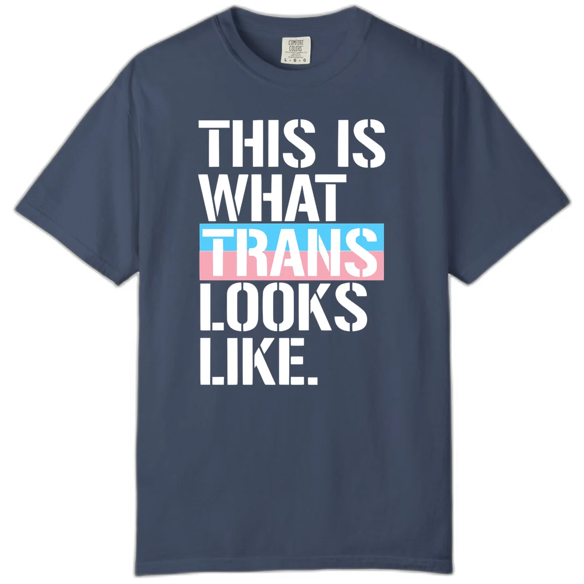 Bold typography design reading 'THIS IS WHAT TRANS LOOKS LIKE' with trans pride flag colors in blue and pink stripe in Midnight