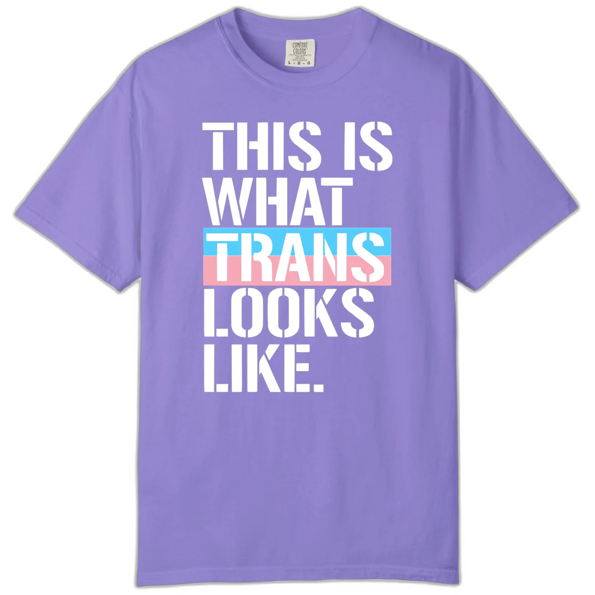Bold typography design reading 'THIS IS WHAT TRANS LOOKS LIKE' with trans pride flag colors in blue and pink stripe in Violet