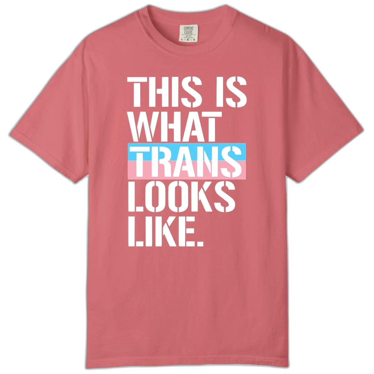 Bold typography design reading 'THIS IS WHAT TRANS LOOKS LIKE' with trans pride flag colors in blue and pink stripe in Watermelon
