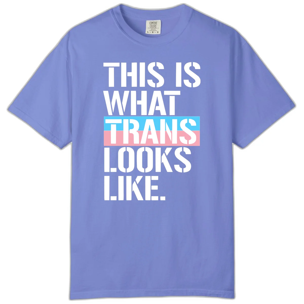 Bold typography design reading 'THIS IS WHAT TRANS LOOKS LIKE' with trans pride flag colors in blue and pink stripe in Flo Blue