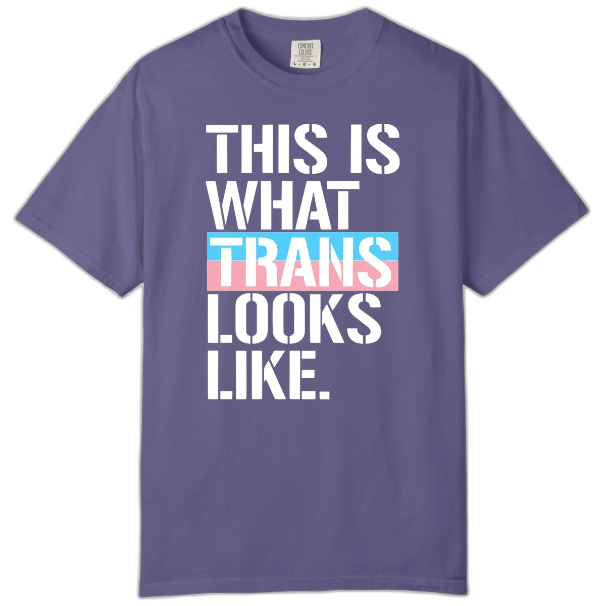 Bold typography design reading 'THIS IS WHAT TRANS LOOKS LIKE' with trans pride flag colors in blue and pink stripe in Grape