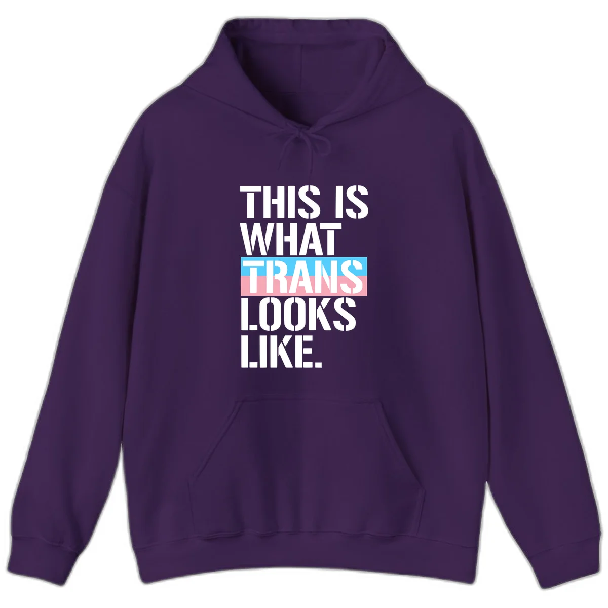 Bold typography design reading 'THIS IS WHAT TRANS LOOKS LIKE' with trans pride flag colors in blue and pink stripe in Purple