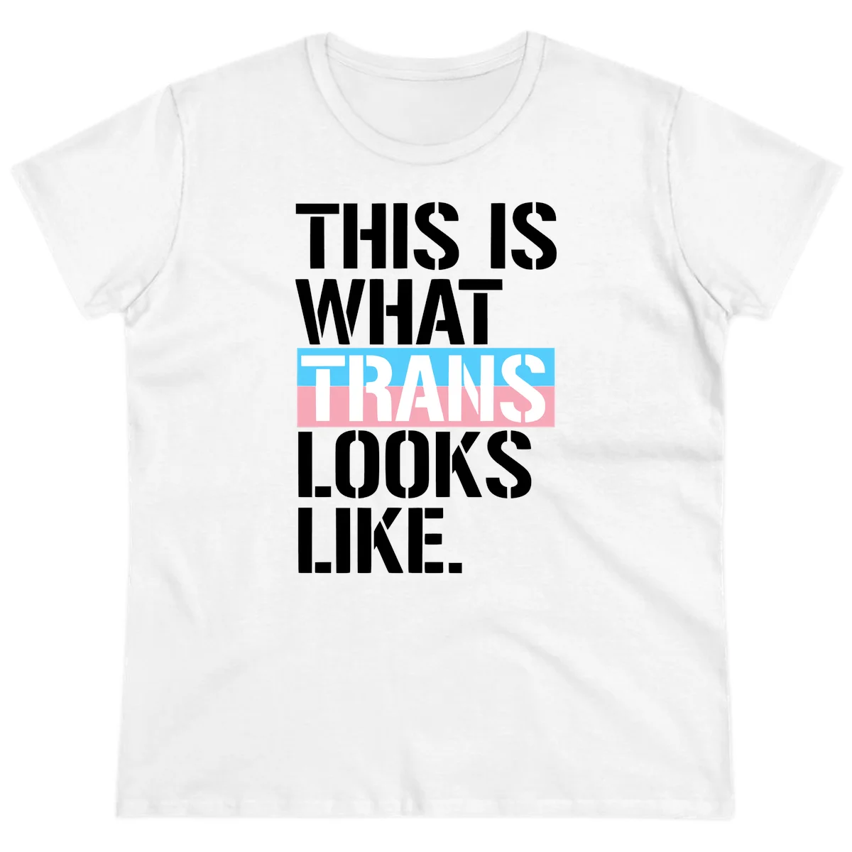 Bold typography design reading 'THIS IS WHAT TRANS LOOKS LIKE' with trans pride flag colors in blue and pink stripe in White