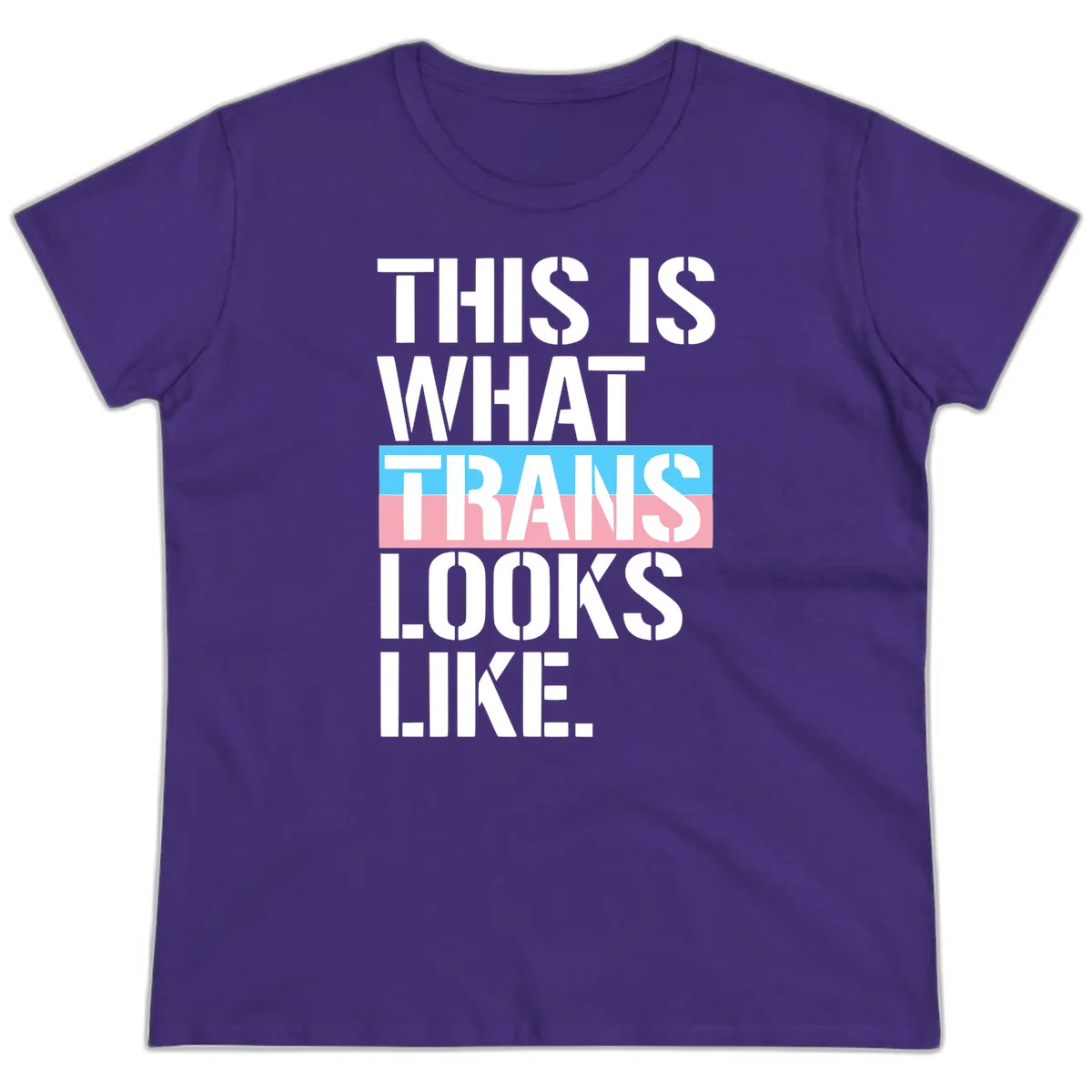 Bold typography design reading 'THIS IS WHAT TRANS LOOKS LIKE' with trans pride flag colors in blue and pink stripe in Purple