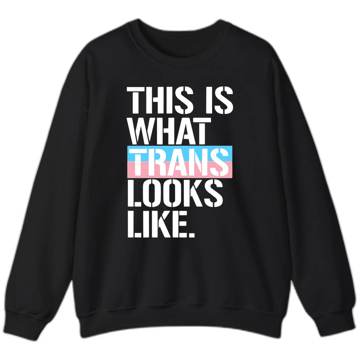 Bold typography design reading 'THIS IS WHAT TRANS LOOKS LIKE' with trans pride flag colors in blue and pink stripe in Black