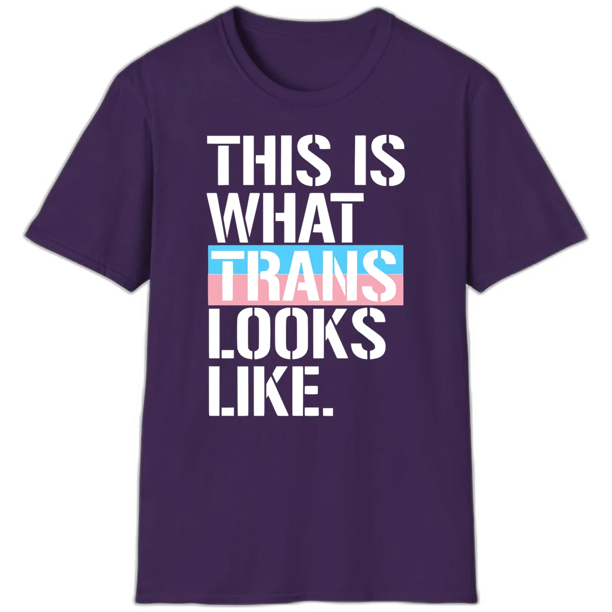 Bold typography design reading 'THIS IS WHAT TRANS LOOKS LIKE' with trans pride flag colors in blue and pink stripe in Purple