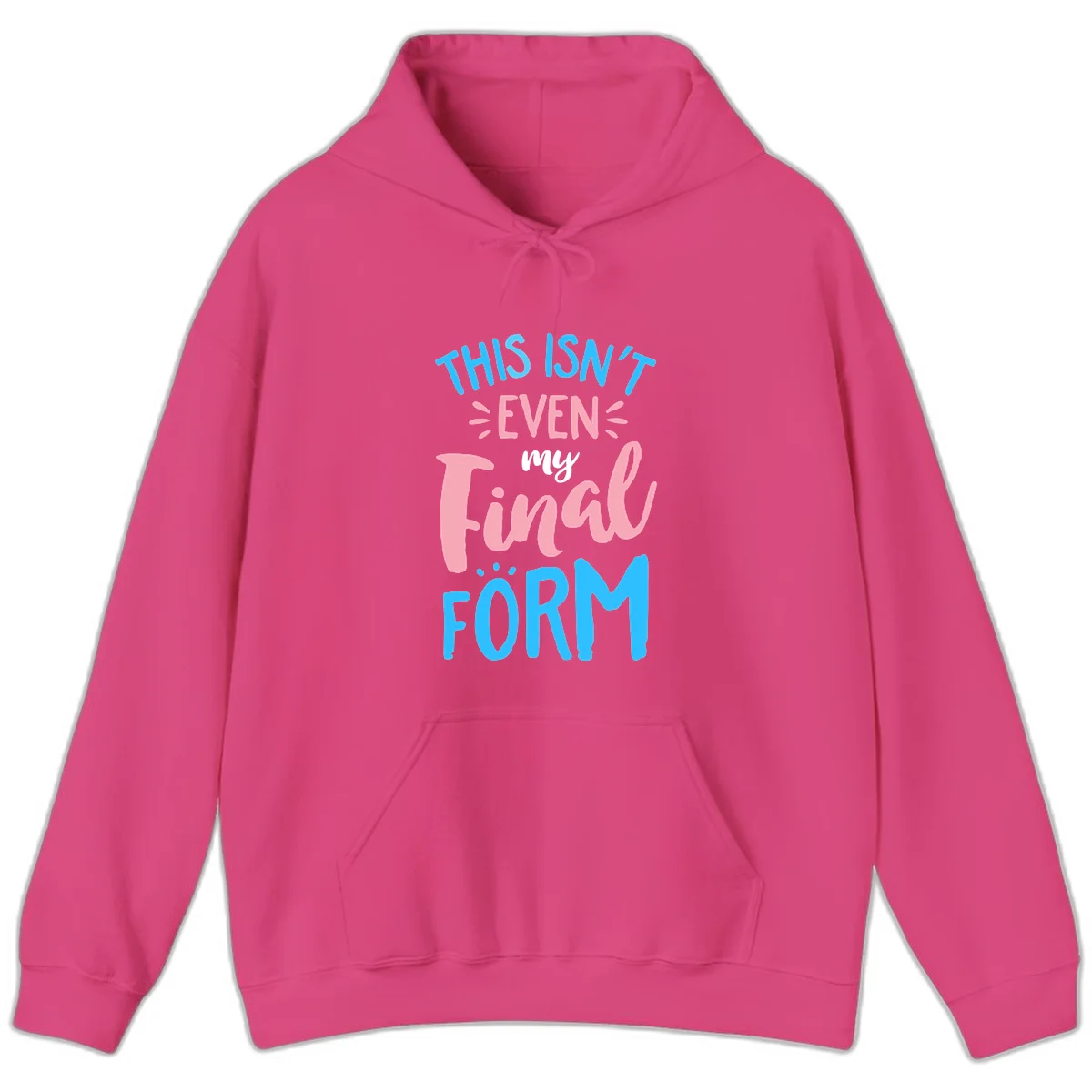 Colorful typography design reading 'This Isn't Even My Final Form' in blue, pink, and white lettering on gray background in Heliconia