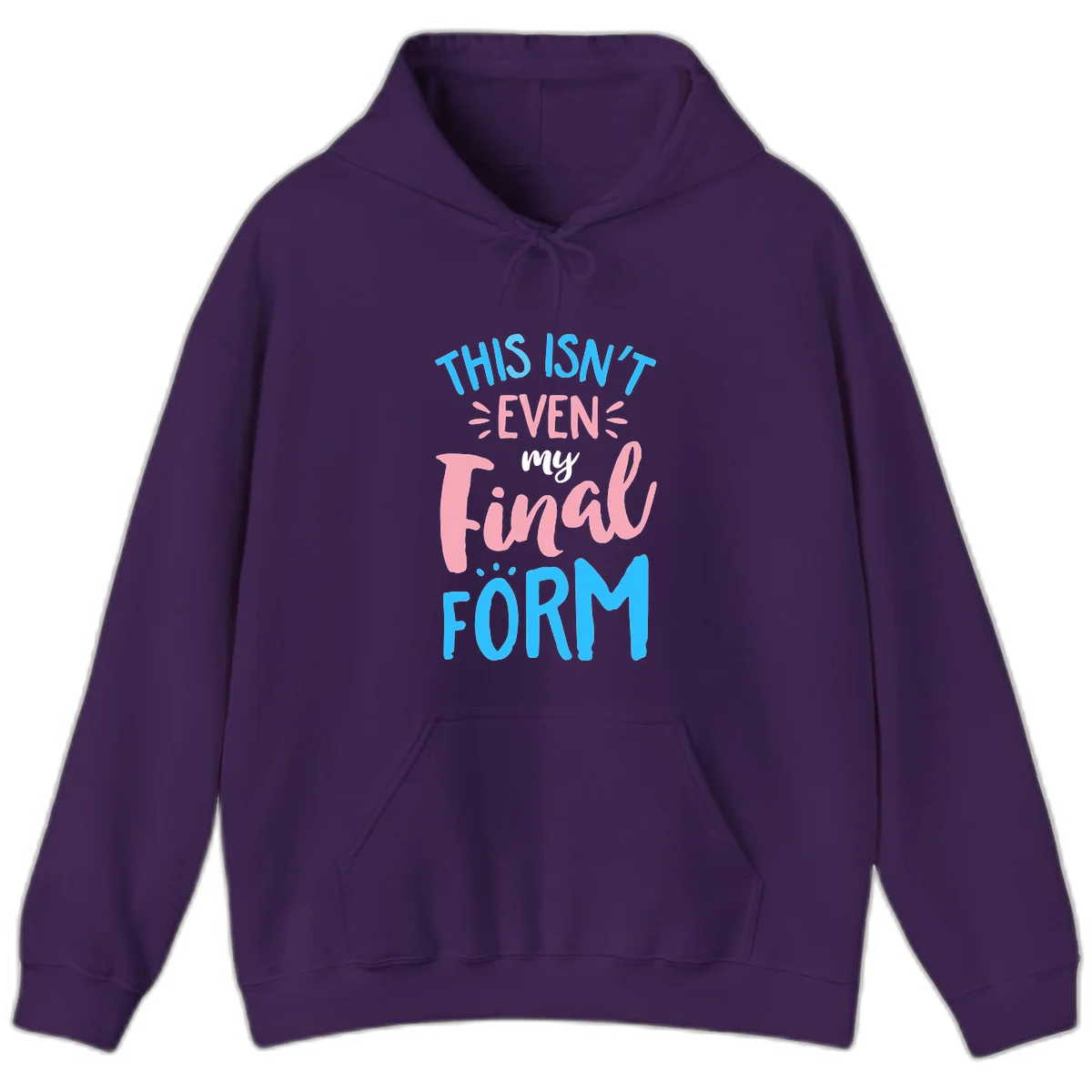 Colorful typography design reading 'This Isn't Even My Final Form' in blue, pink, and white lettering on gray background in Purple