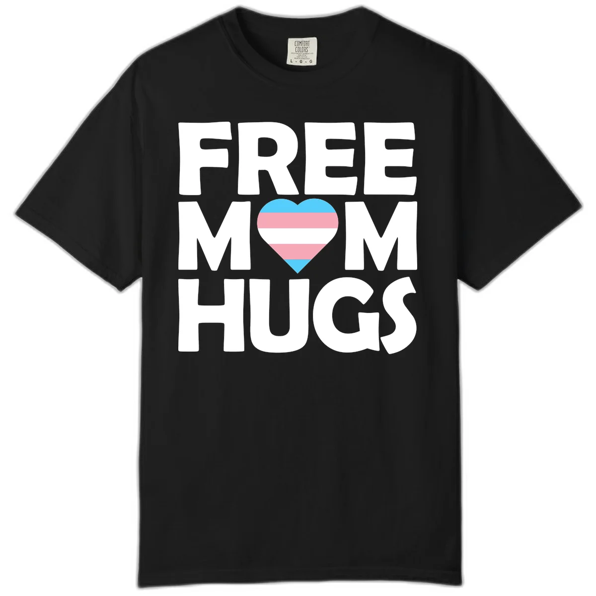 Free mom hugs pride design with striped heart in trans flag colors (blue, pink, white) and bold block lettering in Black