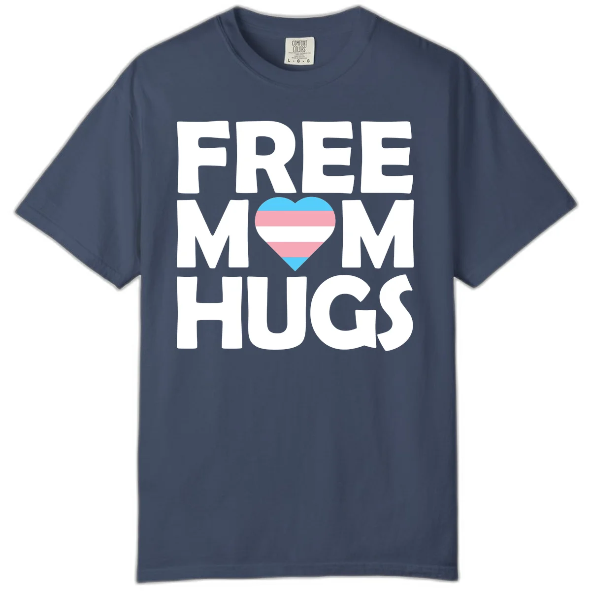 Free mom hugs pride design with striped heart in trans flag colors (blue, pink, white) and bold block lettering in Midnight