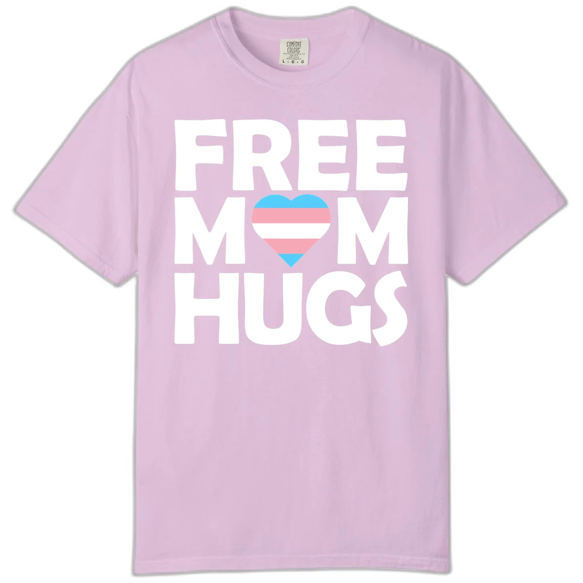 Free mom hugs pride design with striped heart in trans flag colors (blue, pink, white) and bold block lettering in Orchid