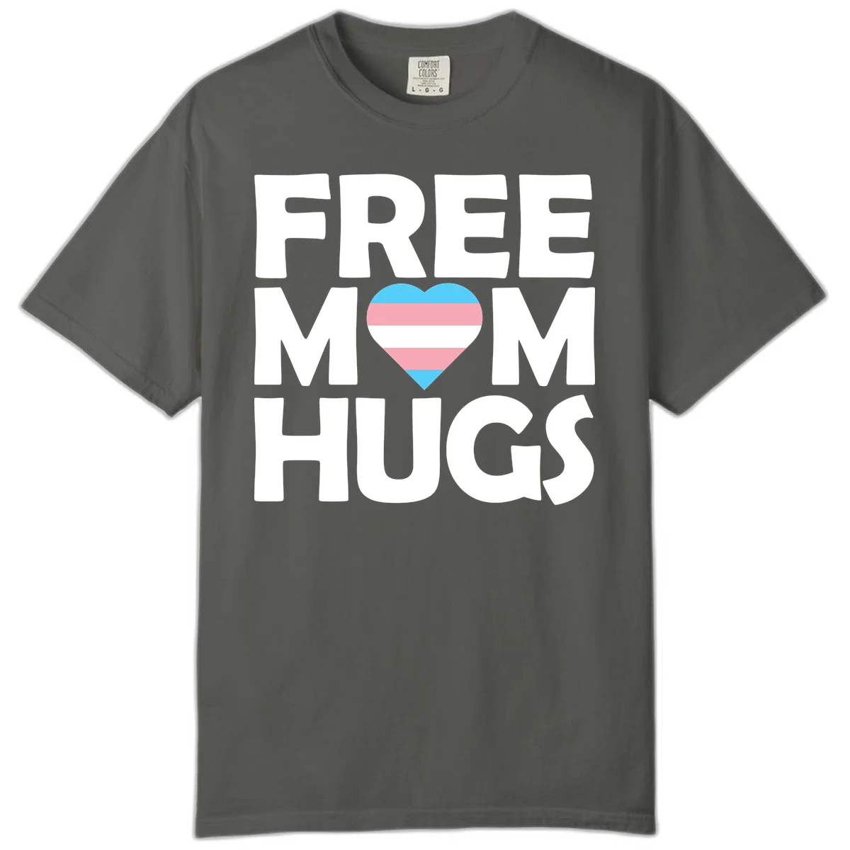 Free mom hugs pride design with striped heart in trans flag colors (blue, pink, white) and bold block lettering in Pepper