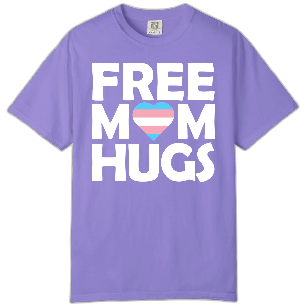 Free mom hugs pride design with striped heart in trans flag colors (blue, pink, white) and bold block lettering in Violet