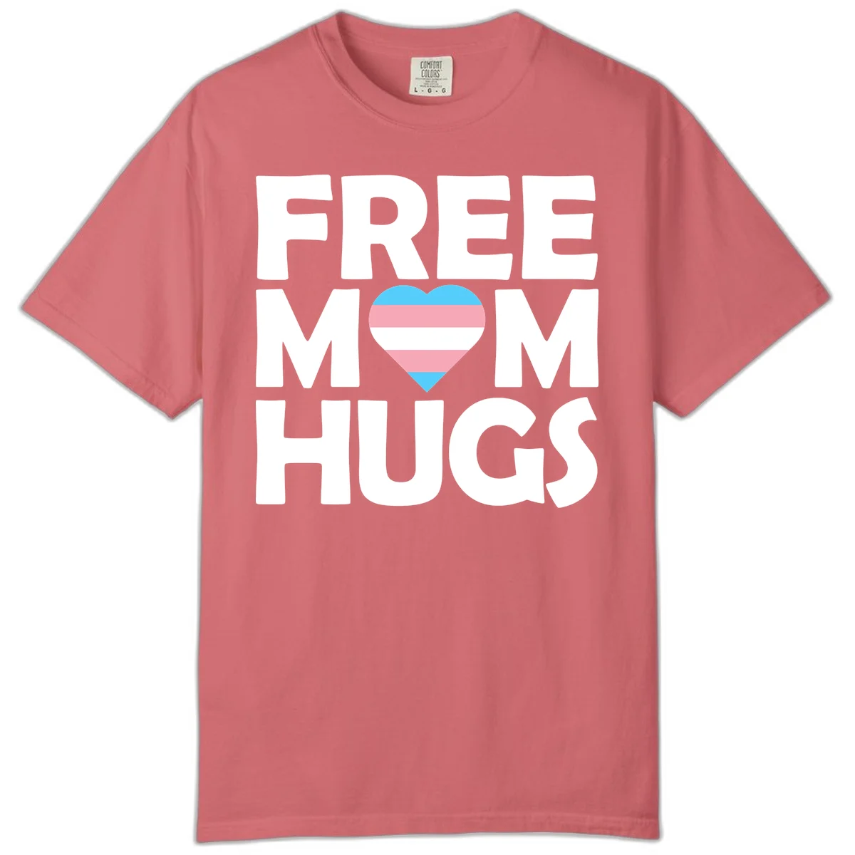 Free mom hugs pride design with striped heart in trans flag colors (blue, pink, white) and bold block lettering in Watermelon